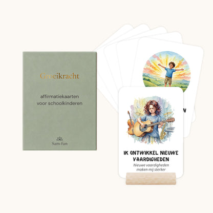 Affirmatiekaarten voor schoolkinderen met subtekst in aquarelstijl met houten houder