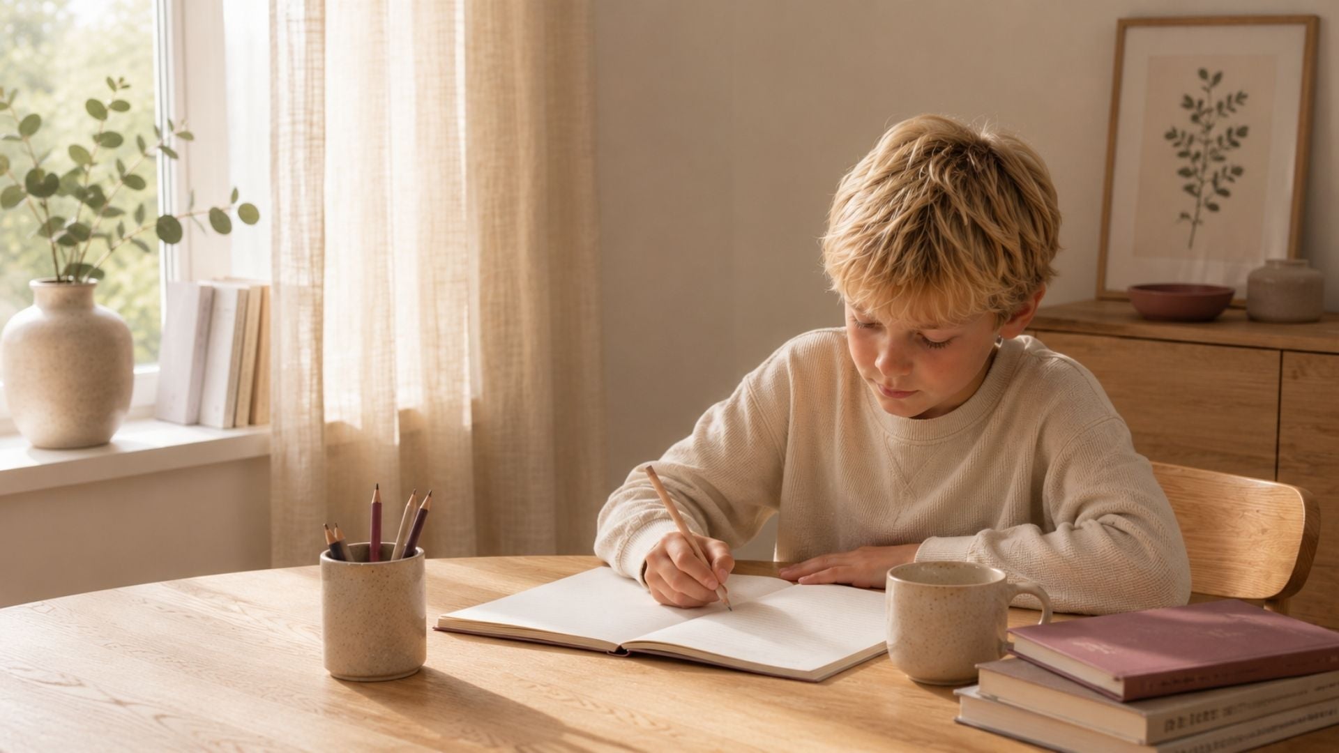 Blond schooljongetje dat rustig aan een lichte houten tafel zit te schrijven in een warm, huiselijk interieur met zacht daglicht en een rustige, natuurlijke sfeer.