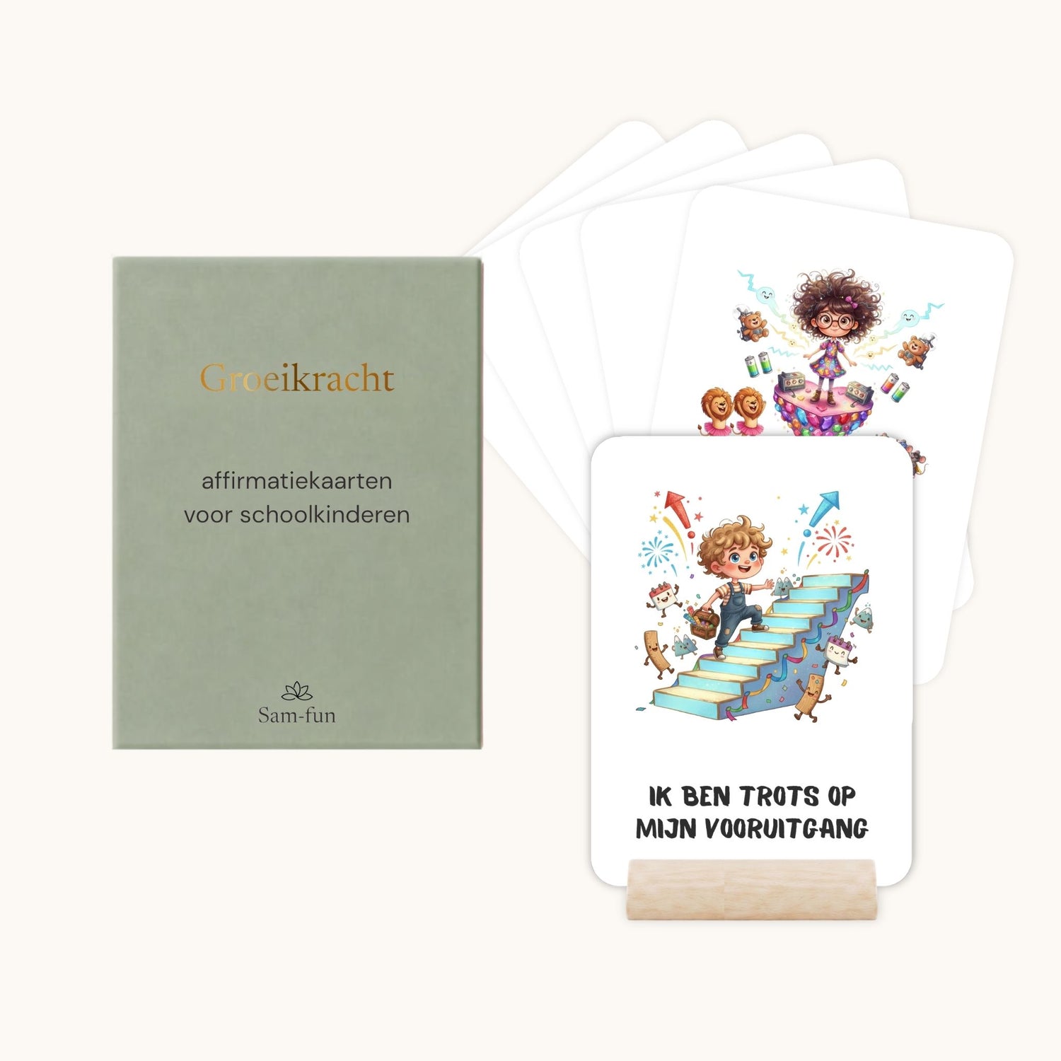 Affirmatiekaarten voor schoolkinderen in quirky stijl met houten houder