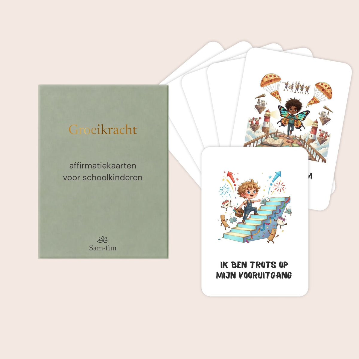 Affirmatiekaarten voor schoolkinderen in quirky stijl kort en krachtig