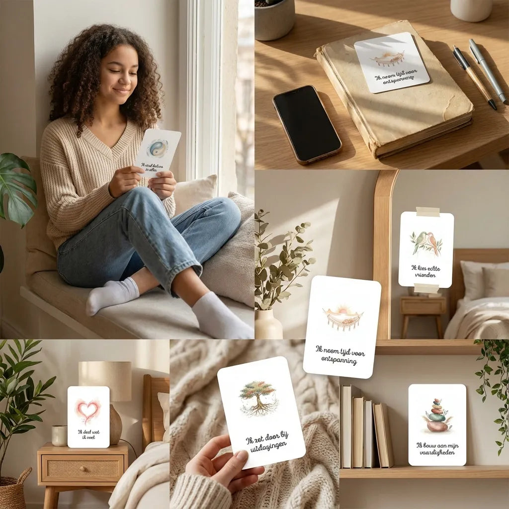Collage van 30 aquarel boho affirmatiekaarten voor tieners (korte affirmaties), met trendy en speels design, perfect voor zelfvertrouwen en motivatie.