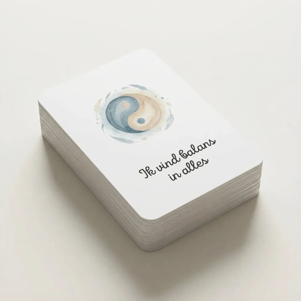 Stapel aquarel boho affirmatiekaarten voor tieners, korte affirmaties duidelijk zichtbaar, A7-formaat, close-up van kaarten.