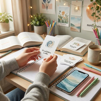 Tiener pakt een aquarel boho affirmatiekaart met korte affirmatie, dagelijks gebruik voor zelfvertrouwen en motivatie.