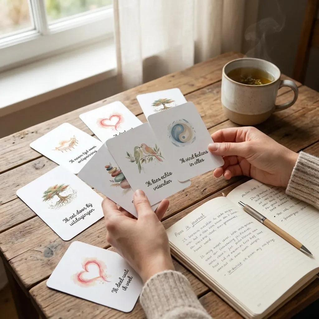 Ouder of zorgverlener helpt tiener met aquarel boho affirmatiekaart, korte affirmatie zichtbaar, focus op begeleiding en persoonlijke groei.