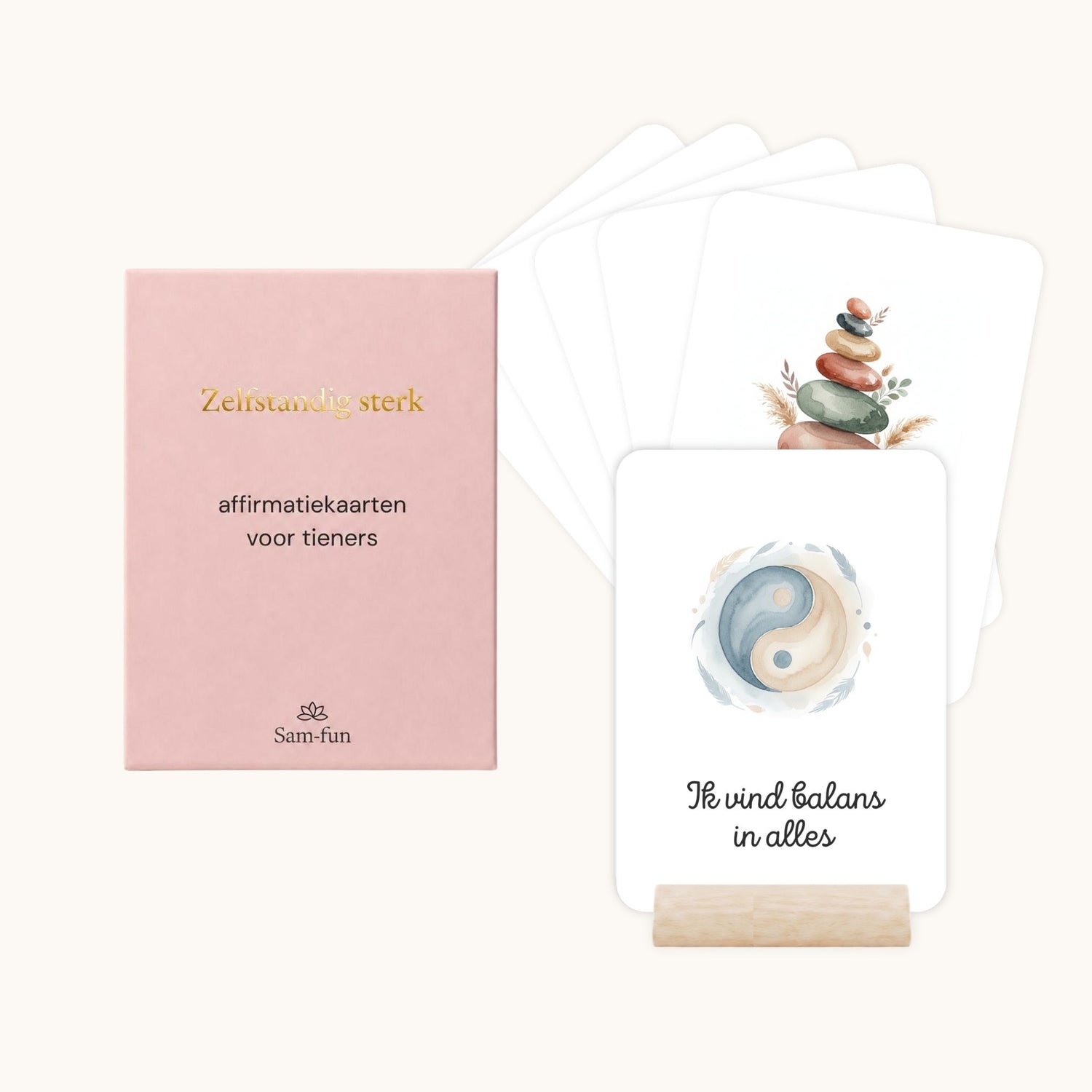 Affirmatiekaarten voor tieners in boho aquarel met houten houder