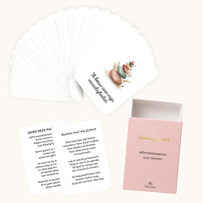 Inhoud van de set affirmatiekaarten voor tieners in boho aquarel