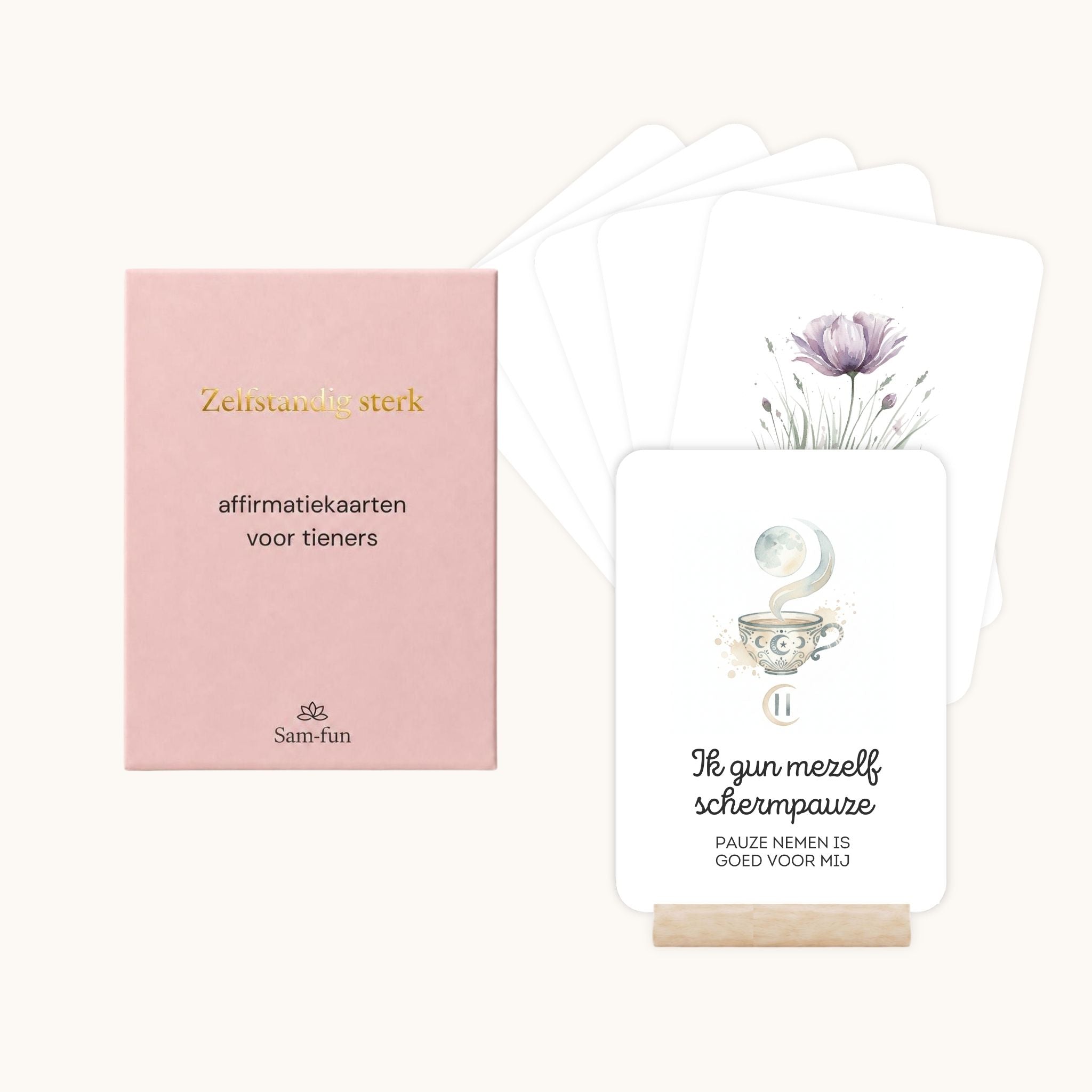 Affirmatiekaarten voor tieners met subtekst in boho aquarel met houten houder
