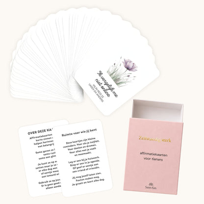 Inhoud van de set affirmatiekaarten voor tieners met subtekst in boho aquarel