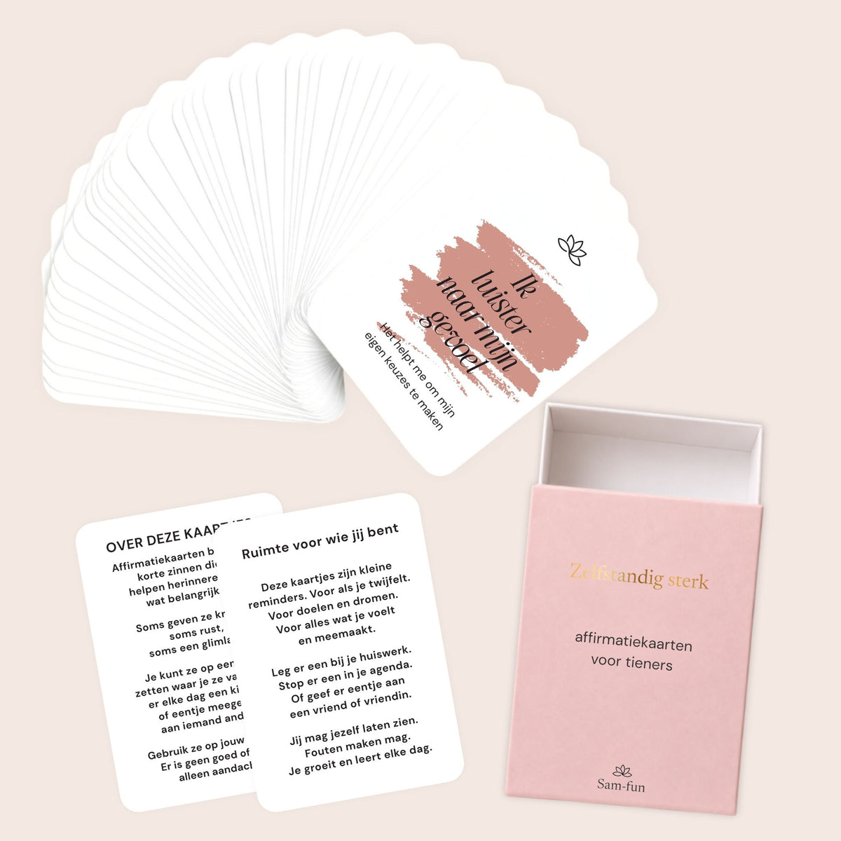 Inhoud van de affirmatiekaartenset voor tieners in minimalistische stijl met subtekst