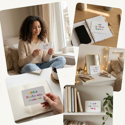 Collage van 30 liggende ransom stijl affirmatiekaarten voor tieners met korte affirmaties, kleurrijk en speels design.