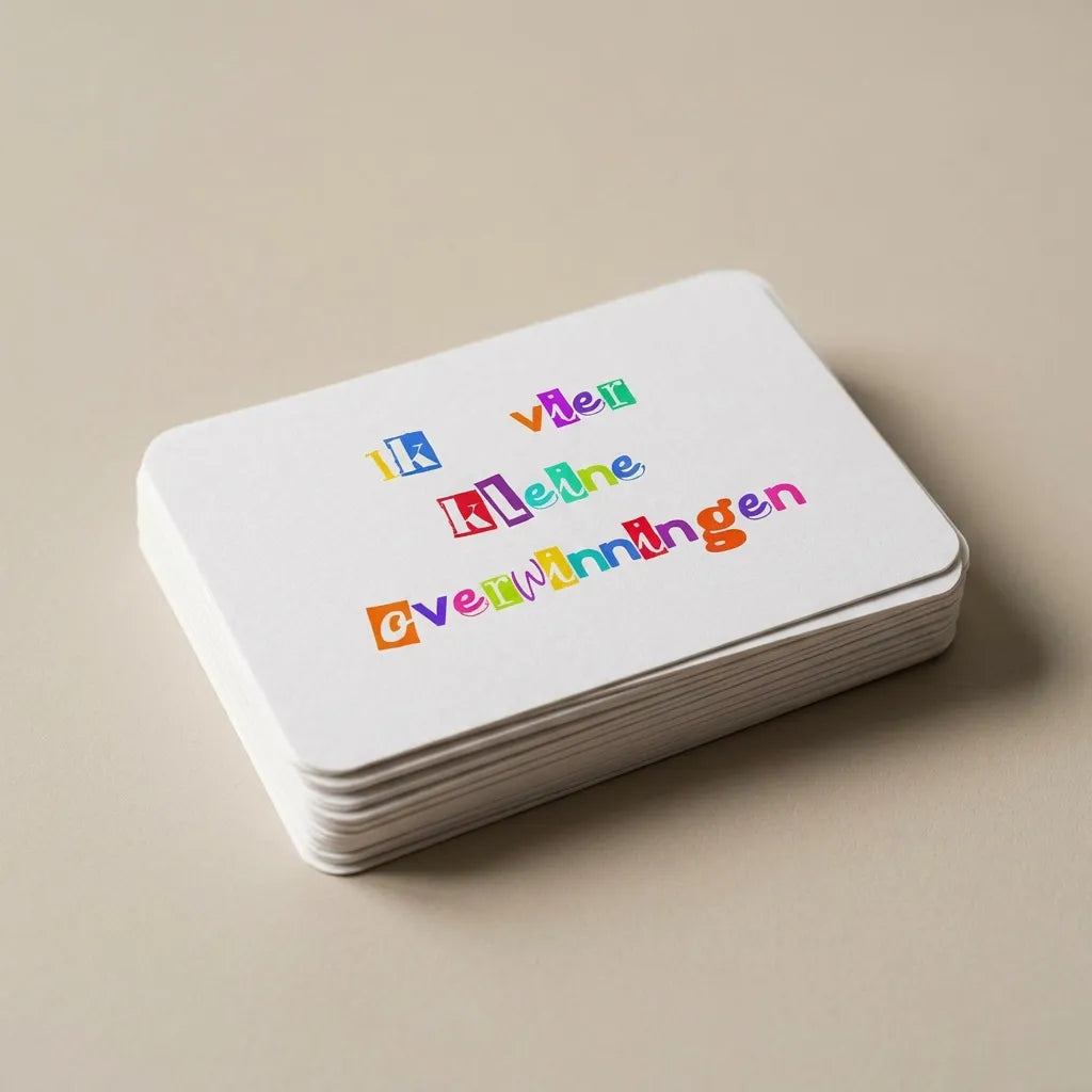 Close-up stapel liggende ransom stijl affirmatiekaarten met korte affirmaties, A7-formaat, overzicht van typografie en design.