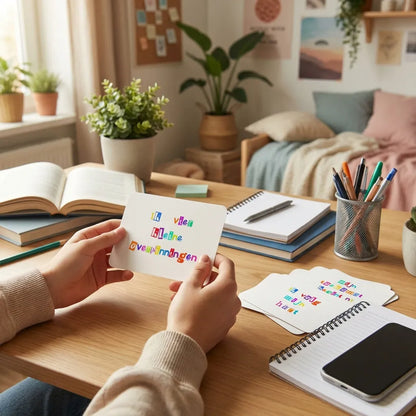 Tiener pakt een liggende ransom stijl affirmatiekaart met korte affirmatie, dagelijks gebruik voor zelfvertrouwen en zelfexpressie.