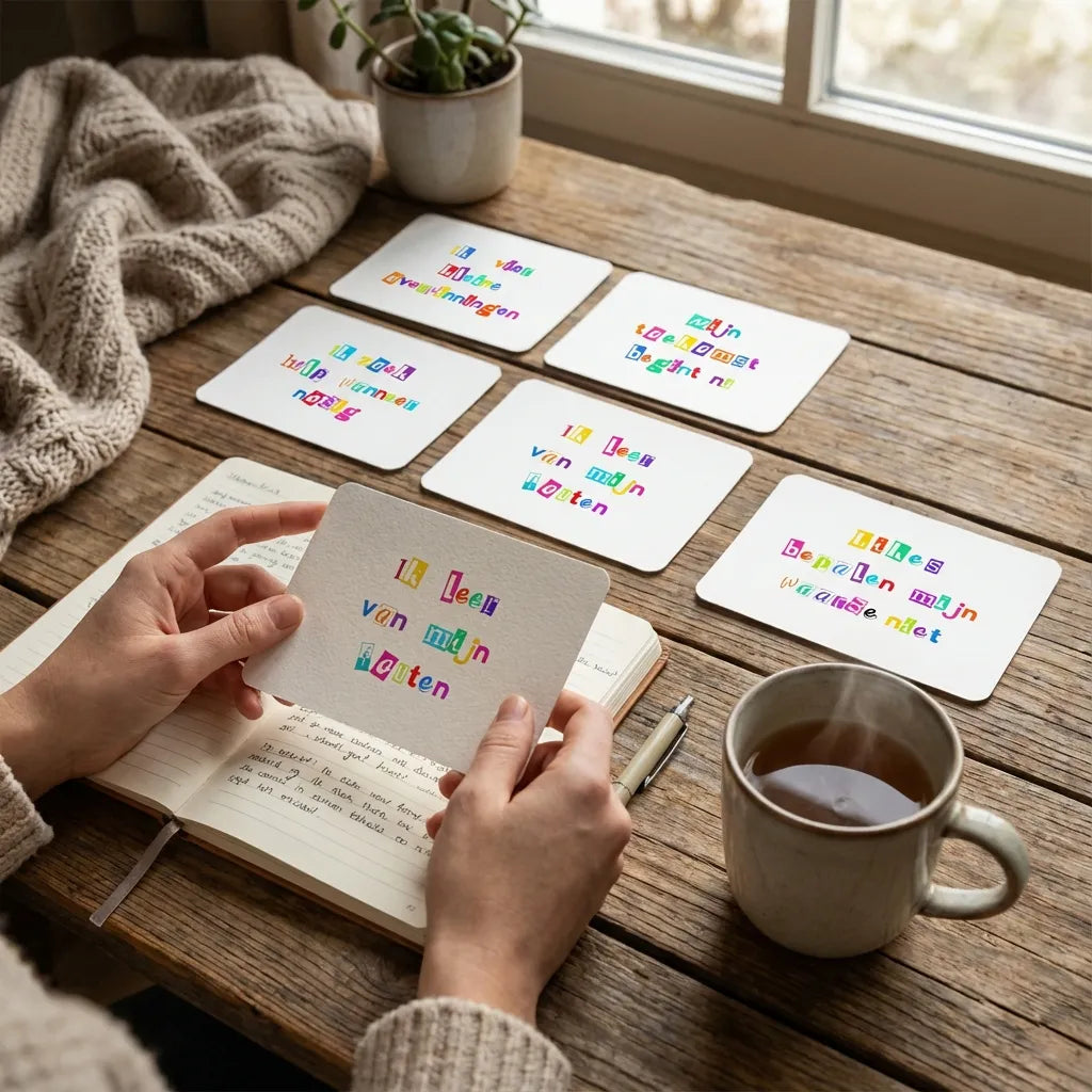 Ouder of zorgverlener begeleidt tiener met liggende ransom stijl affirmatiekaart, korte affirmatie zichtbaar, focus op begeleiding.