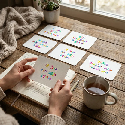 Ouder of zorgverlener begeleidt tiener met liggende ransom stijl affirmatiekaart, korte affirmatie zichtbaar, focus op begeleiding.