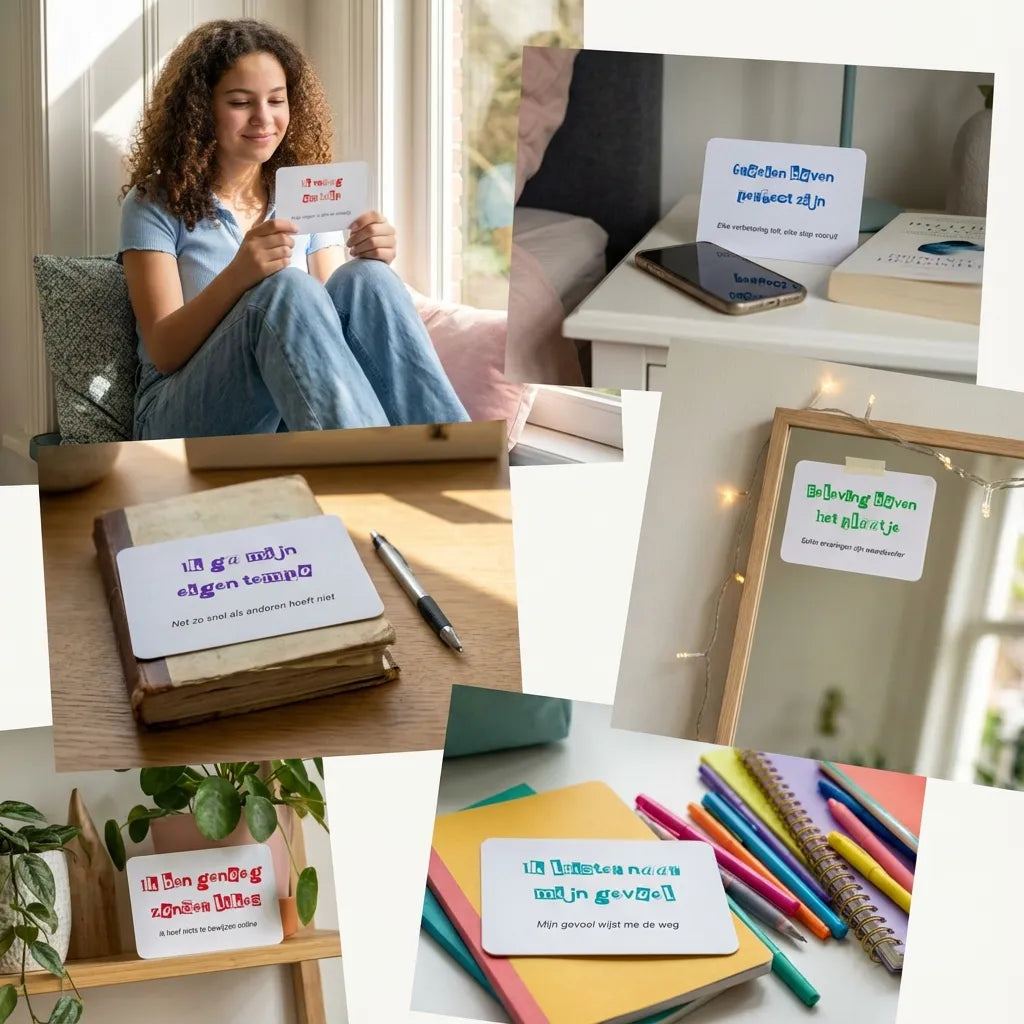 Collage van 30 liggende ransom stijl affirmatiekaarten met subtekst voor tieners, kleurrijk en edgy design, stimuleert zelfexpressie.