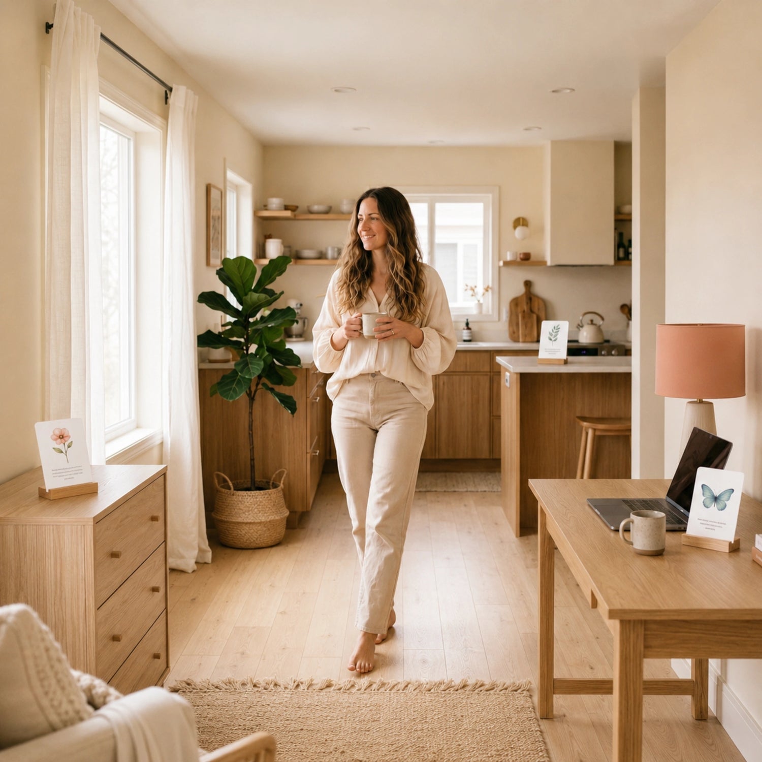 Een jonge vrouw ziet affirmatiekaarten op verschillende zichtbare plekken in huis, met een kastje links, een bureau rechts en een keuken op de achtergrond.