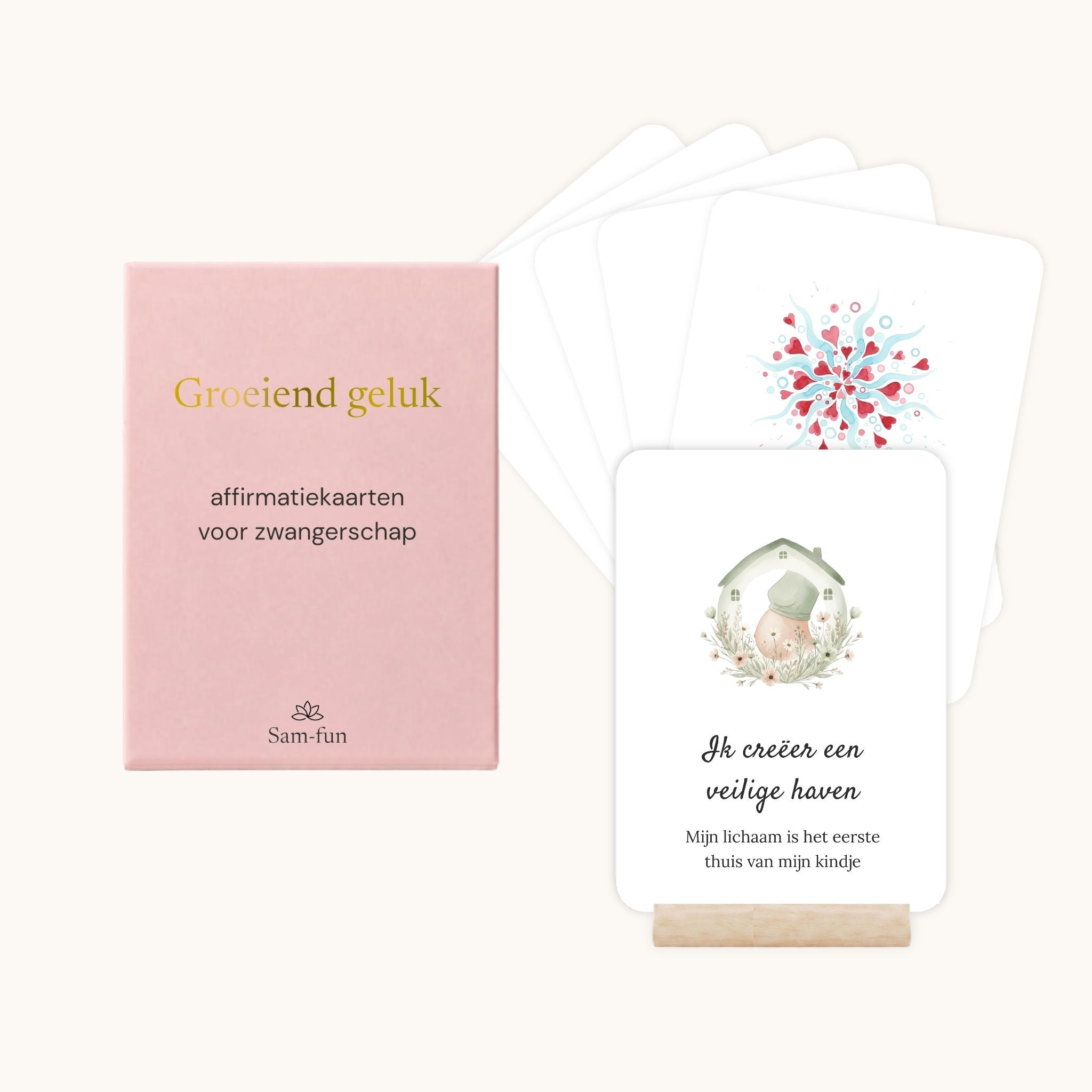 Affirmatiekaarten voor zwangere vrouwen met subtekst in boho aquarel met houten houder