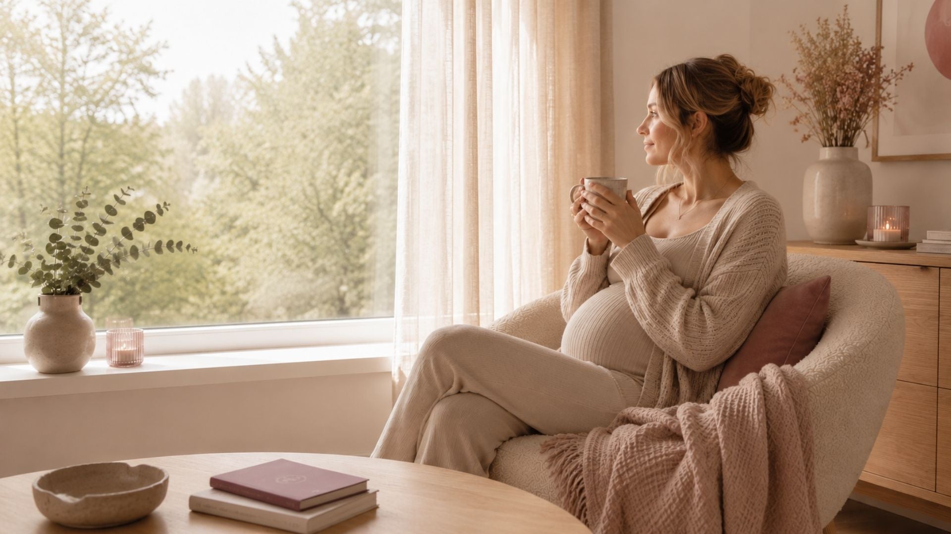 Zwangere vrouw die rustig bij een raam zit met een kop thee in een warme, huiselijke omgeving tijdens haar zwangerschap.