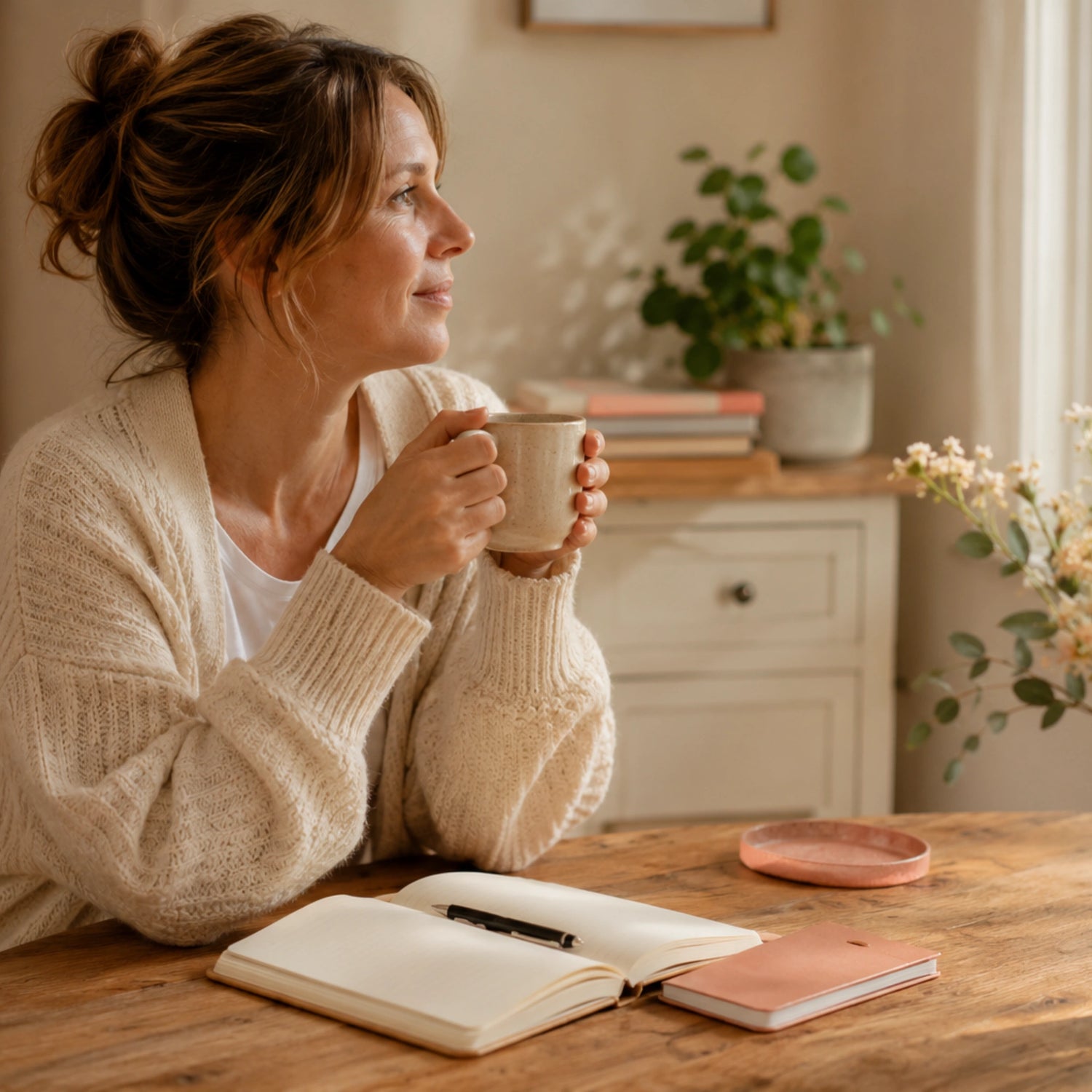 Vrouw zit aan een houten tafel met een kop thee en een open notitieboek tijdens een rustig ochtendmoment voor haar dagelijkse affirmatieroutine.