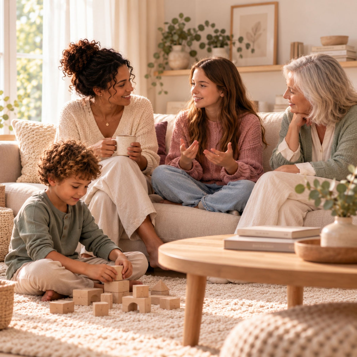 Kind, tiener, moeder en oma samen in een warme huiselijke setting als beeld bij affirmaties per leeftijd.
