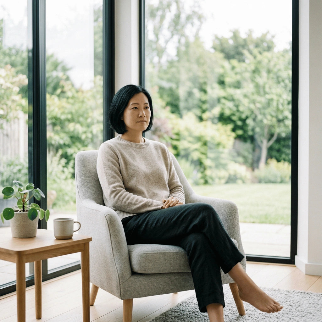 Oost-Aziatische vrouw met kort zwart haar die ontspannen reflecteert in een serene, moderne omgeving.