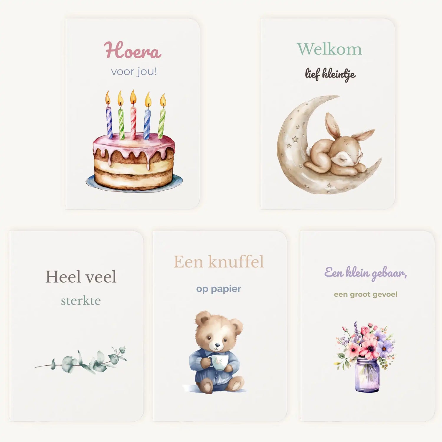 Aquarel kaartenset met 5 handgeschilderde wenskaarten uitgespreid