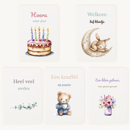 Aquarel kaartenset met 5 handgeschilderde wenskaarten uitgespreid