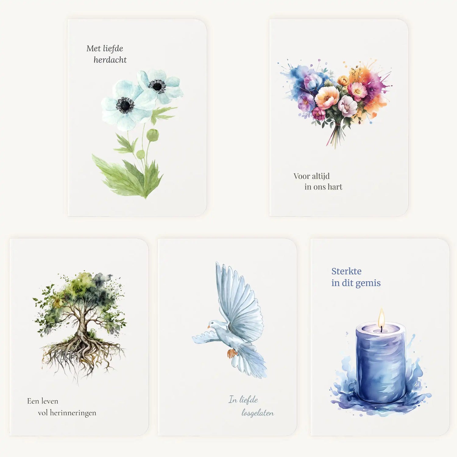 Aquarel kaartenset met eerste 5 handgeschilderde wenskaarten uitgespreid