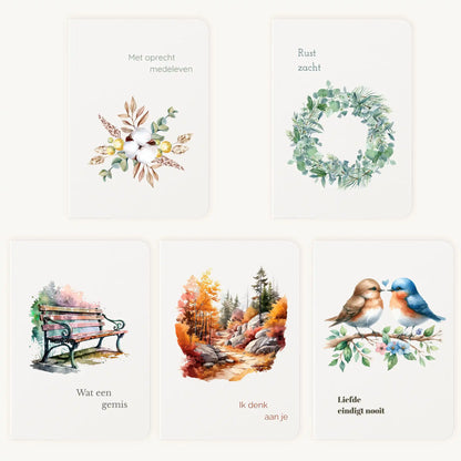 Aquarel kaartenset met  5 laatste handgeschilderde wenskaarten uitgespreid