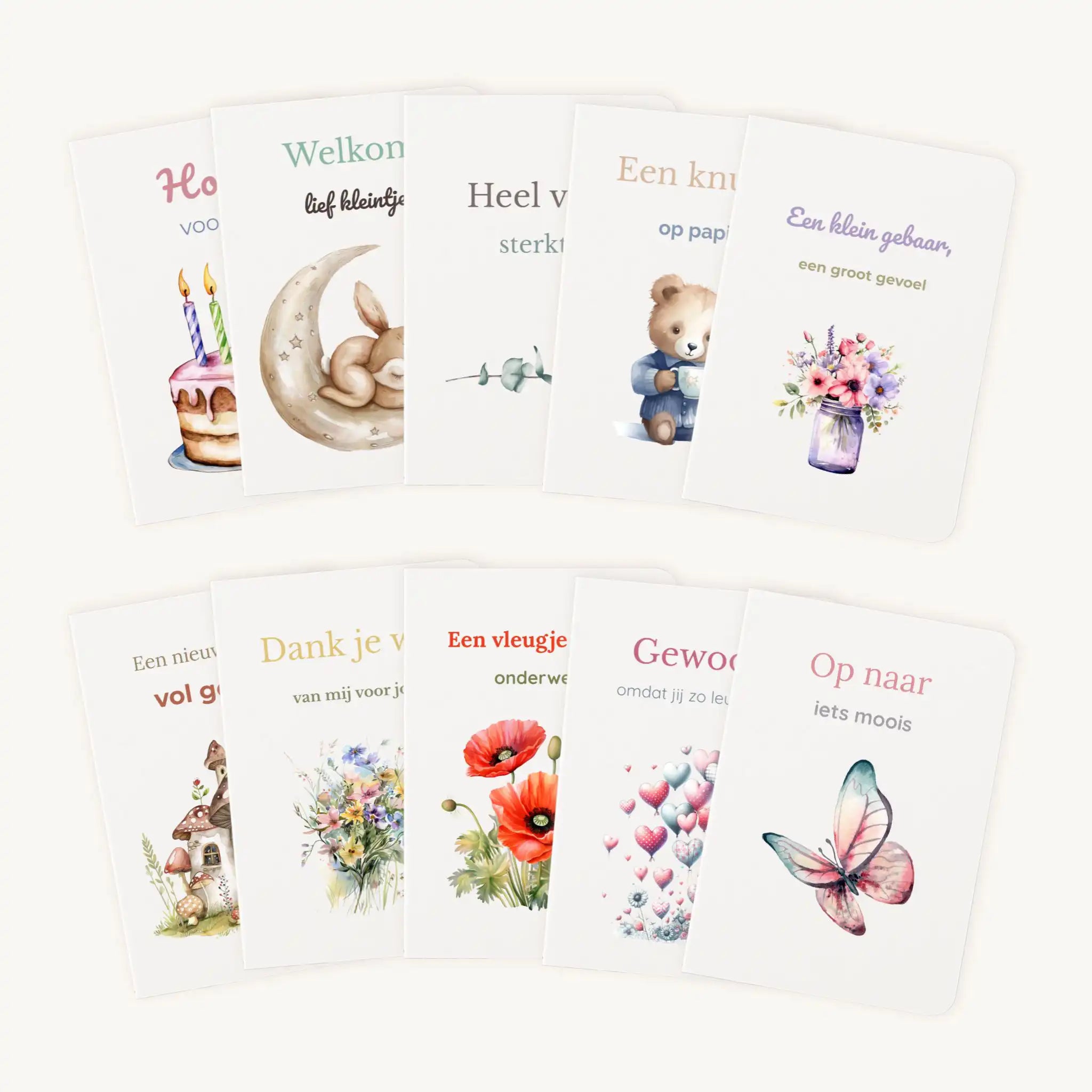 Aquarel kaartenset met 10 handgeschilderde wenskaarten