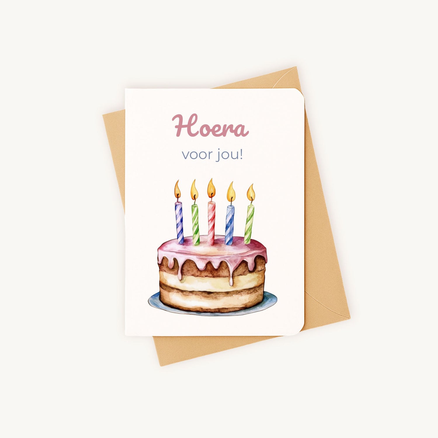 Aquarel verjaardagskaart liggend met natuurlijke kraft envelop A6 formaat