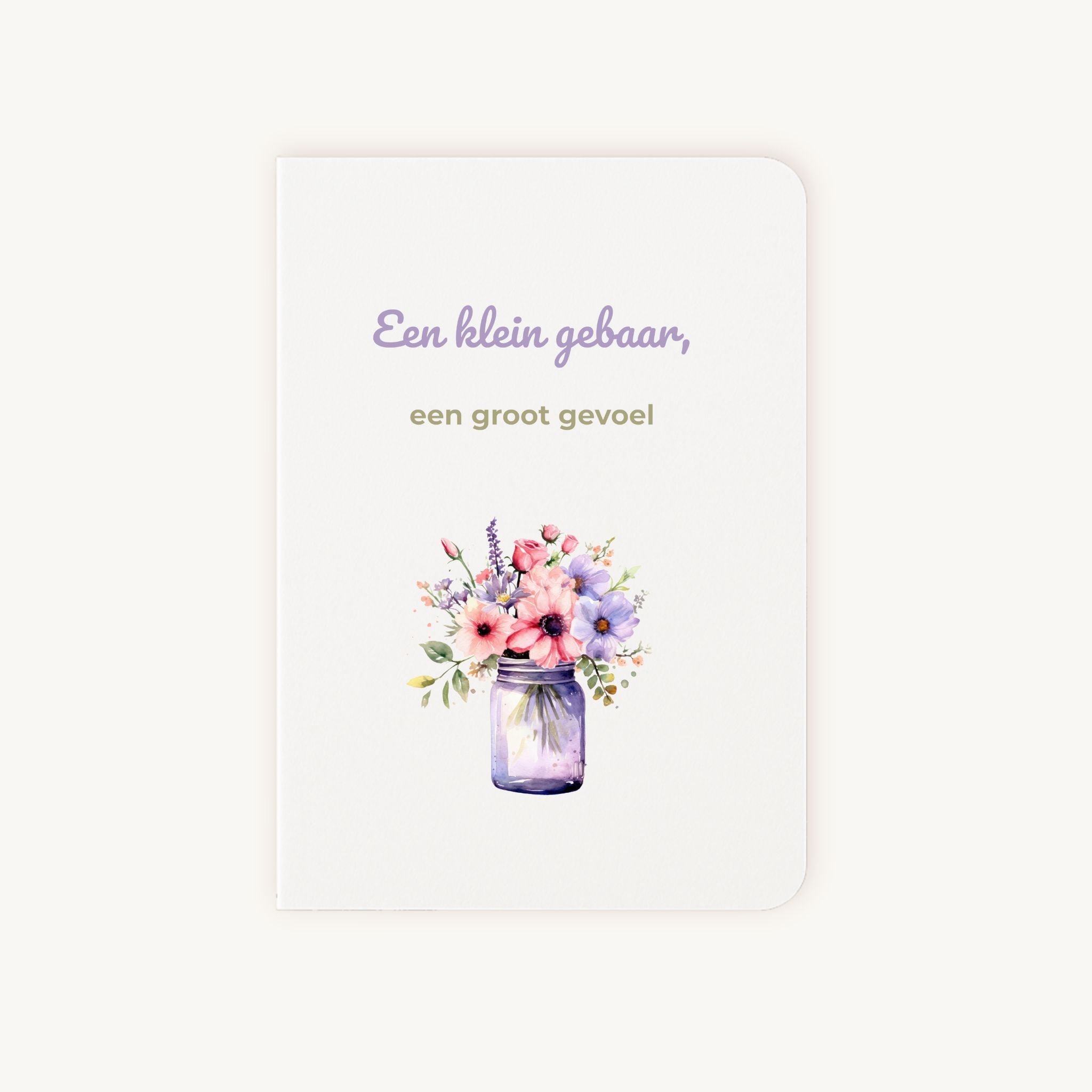Aquarel wenskaart bloemen voorkant met vaas en tekst Een klein gebaar een groot gevoel