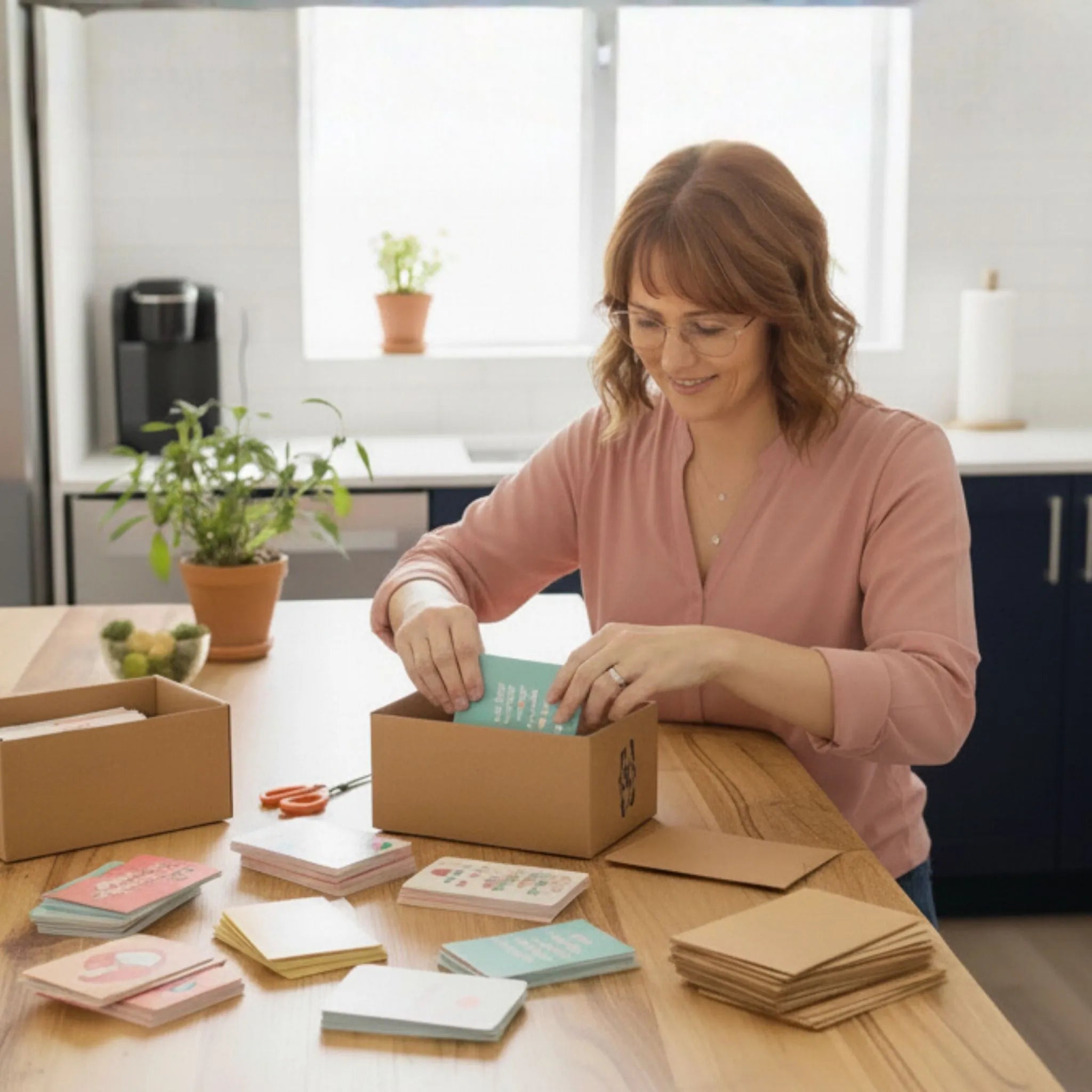 Helma aan de keukentafel terwijl ze bestellingen van Sam-fun inpakt.