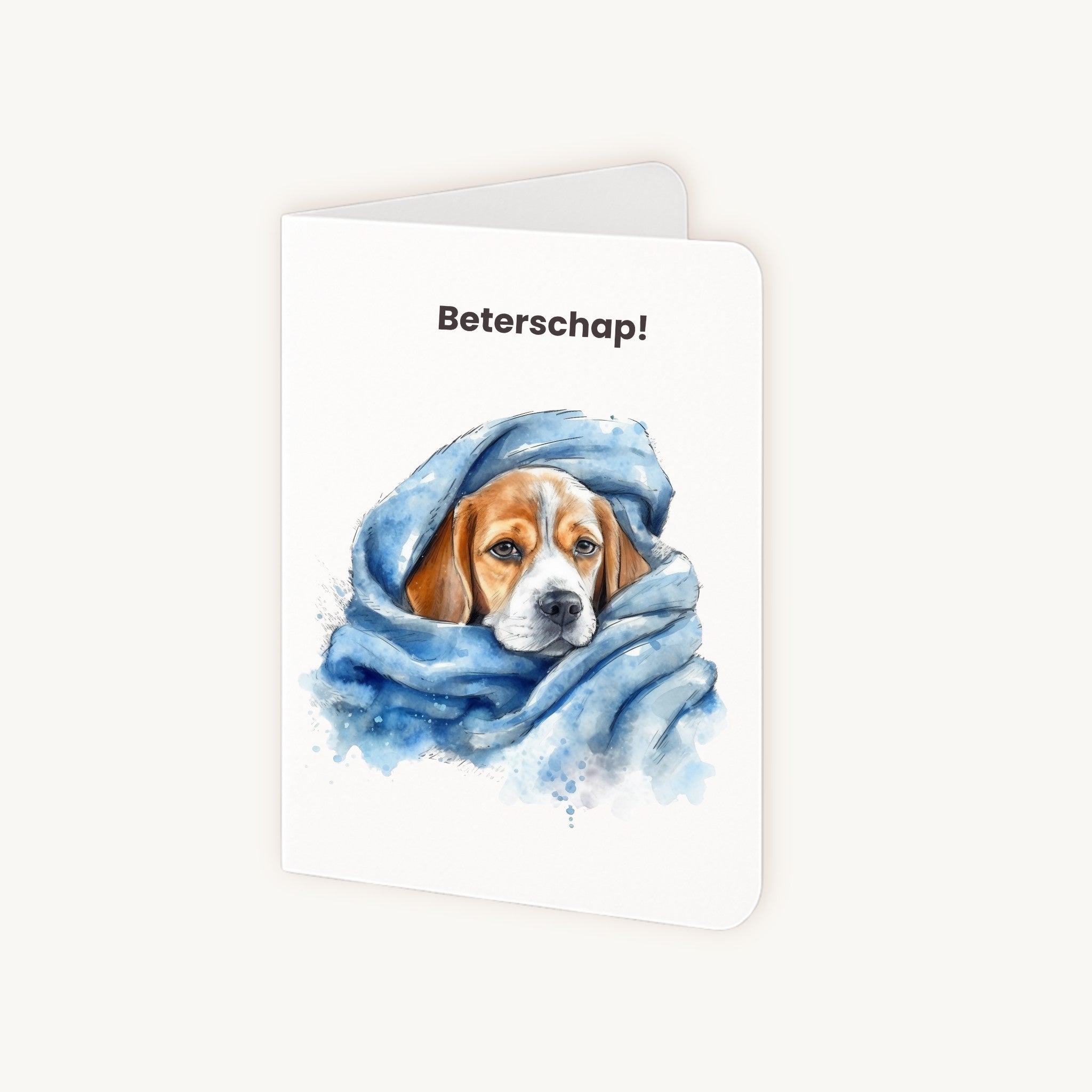 Beterschapskaart beagle puppy half geopend met schrijfruimte
