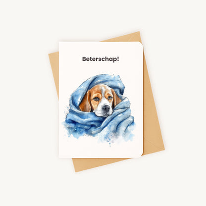 Beterschapskaart beagle puppy met kraftenvelop plat liggend