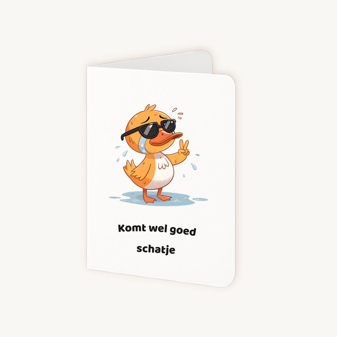 Dubbelgevouwen beterschapskaart eendje half geopend met binnenkant zichtbaar