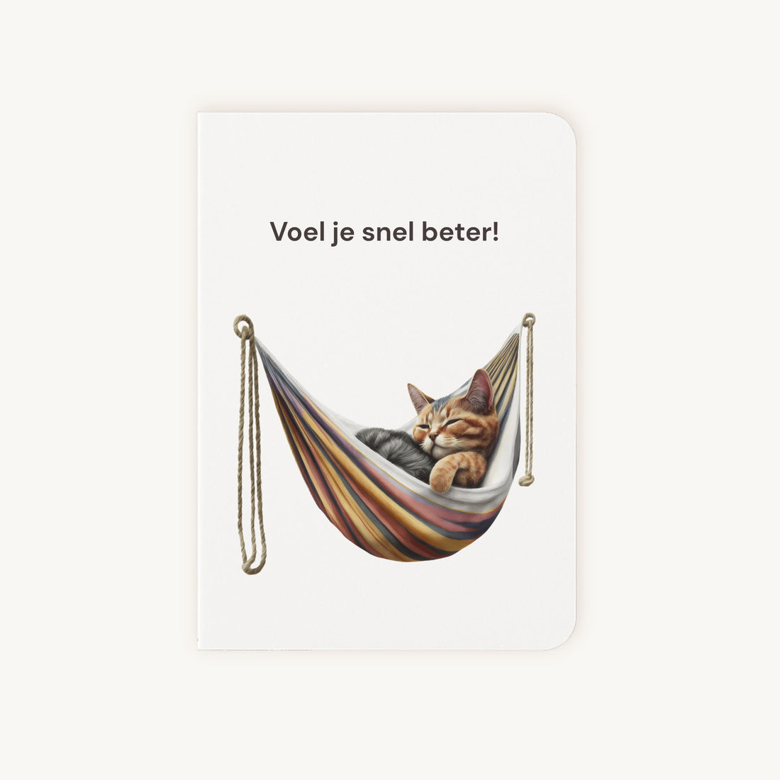 Beterschapskaart voorkant met slapende kat in kleurrijke hangmat