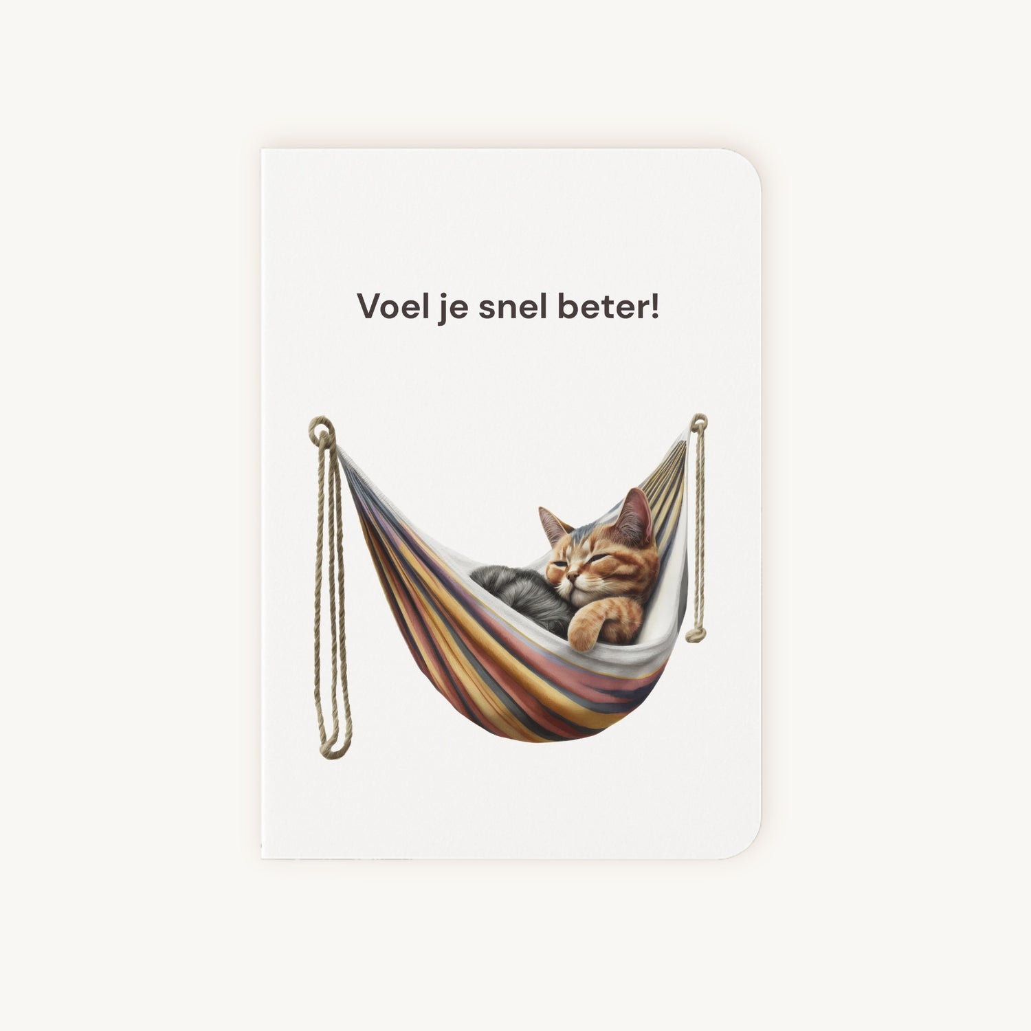 Beterschapskaart voorkant met slapende kat in kleurrijke hangmat