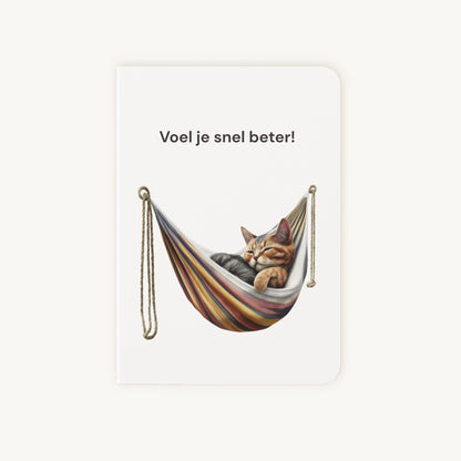 Beterschapskaart voorkant met slapende kat in kleurrijke hangmat