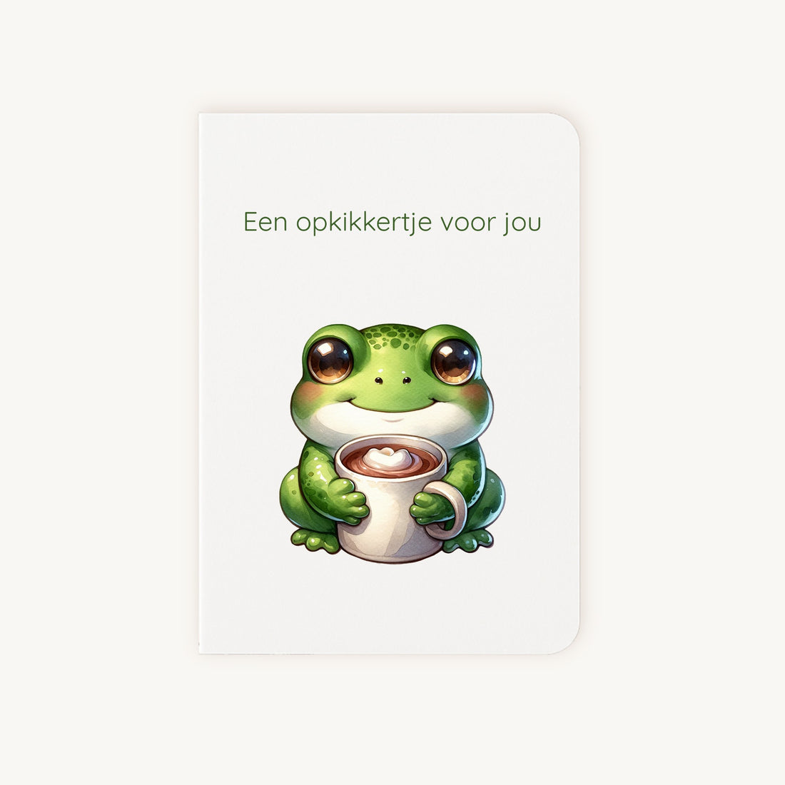 Beterschapskaart met groene kikker en chocolademelk