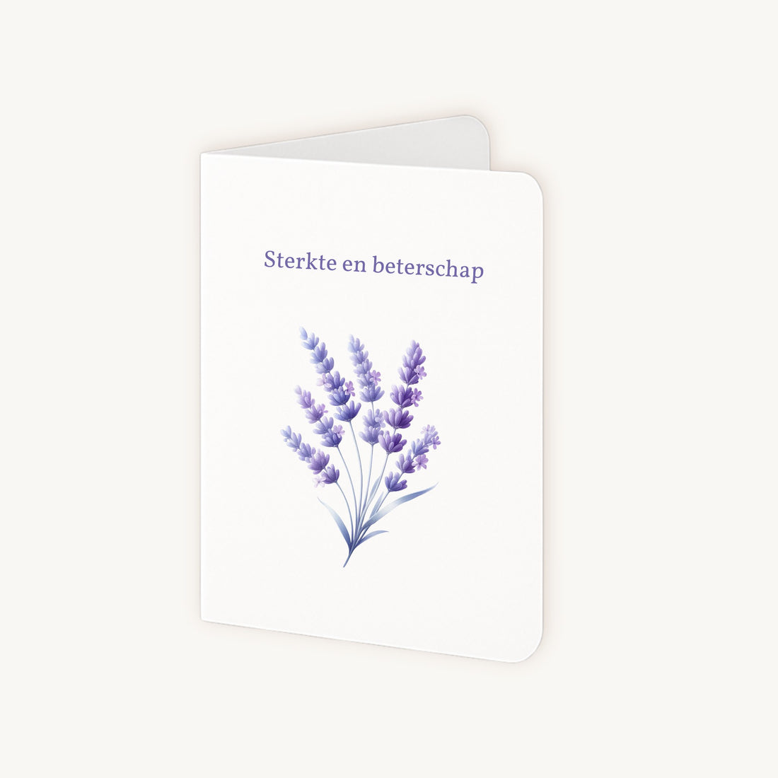 Half geopende beterschapskaart lavendel met binnenin schrijfruimte