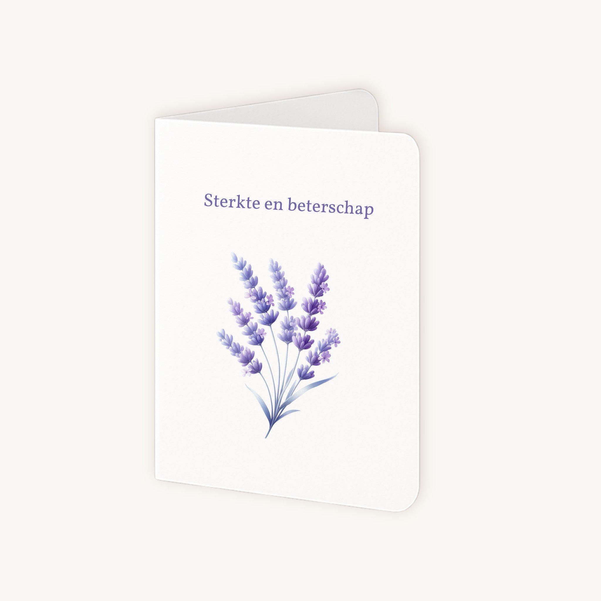 Half geopende beterschapskaart lavendel met binnenin schrijfruimte