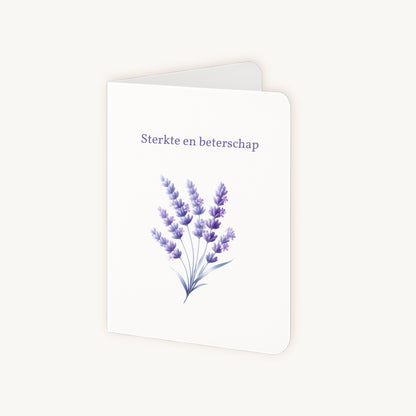 Half geopende beterschapskaart lavendel met binnenin schrijfruimte