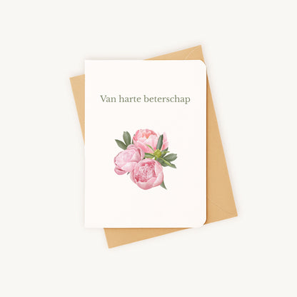 Beterschapskaart pioenrozen met kraft envelop