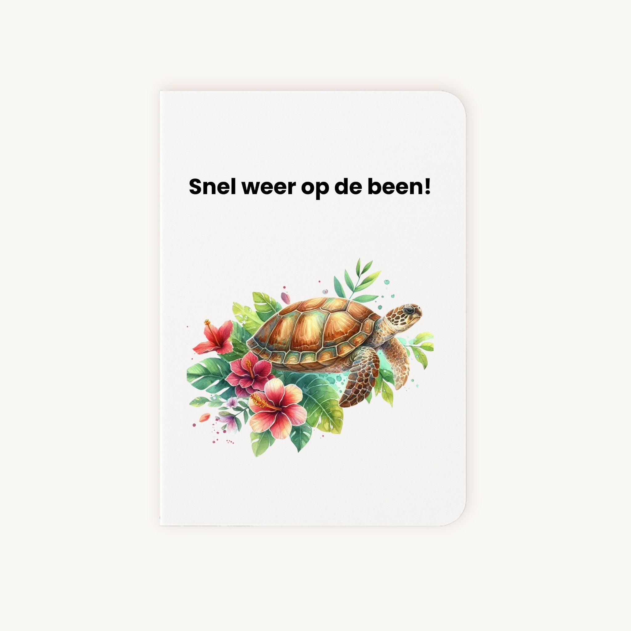 Beterschapskaart met aquarel schildpad en tropische bloemen voorkant