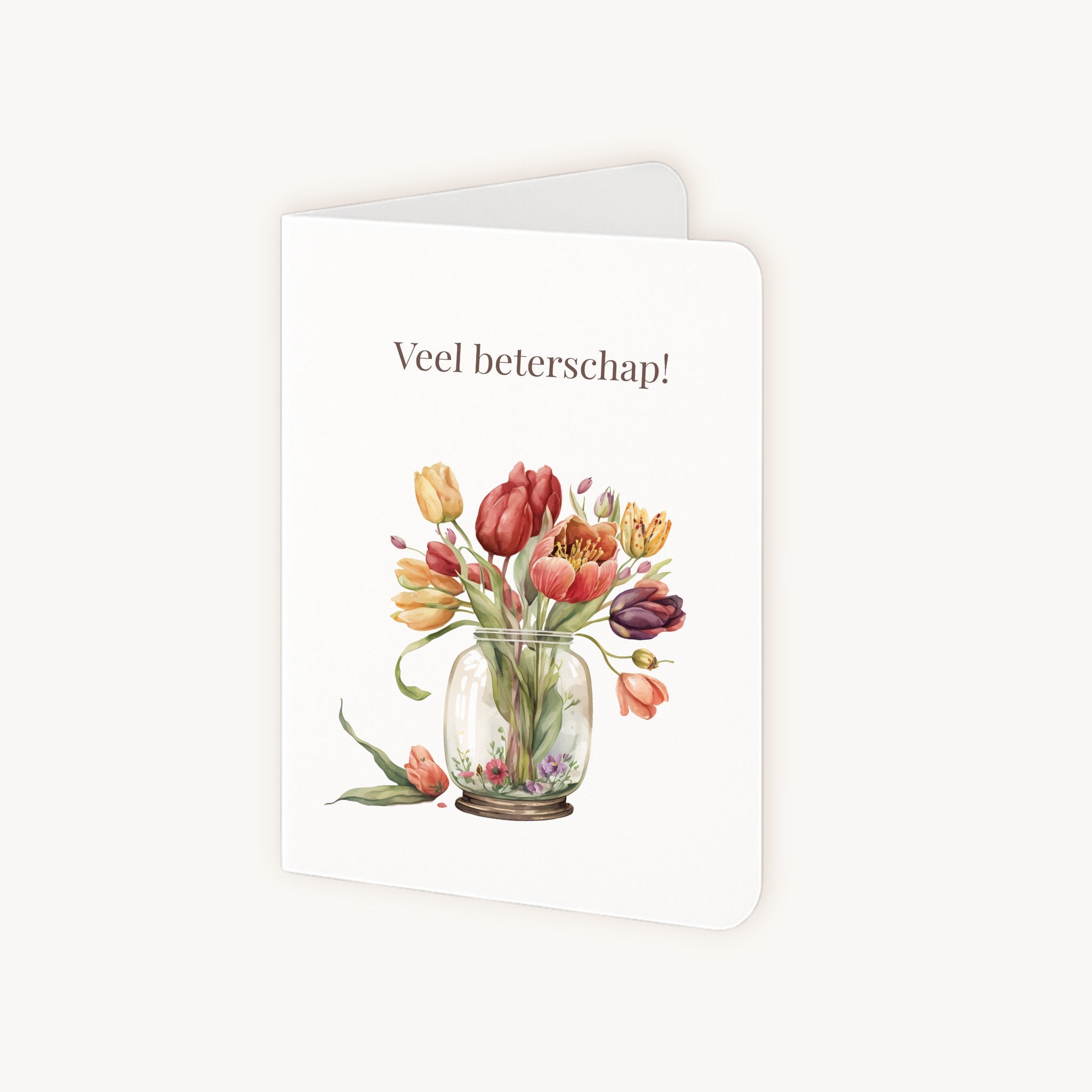 Dubbelgevouwen beterschapskaart tulpen half geopend