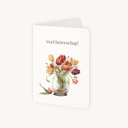 Dubbelgevouwen beterschapskaart tulpen half geopend