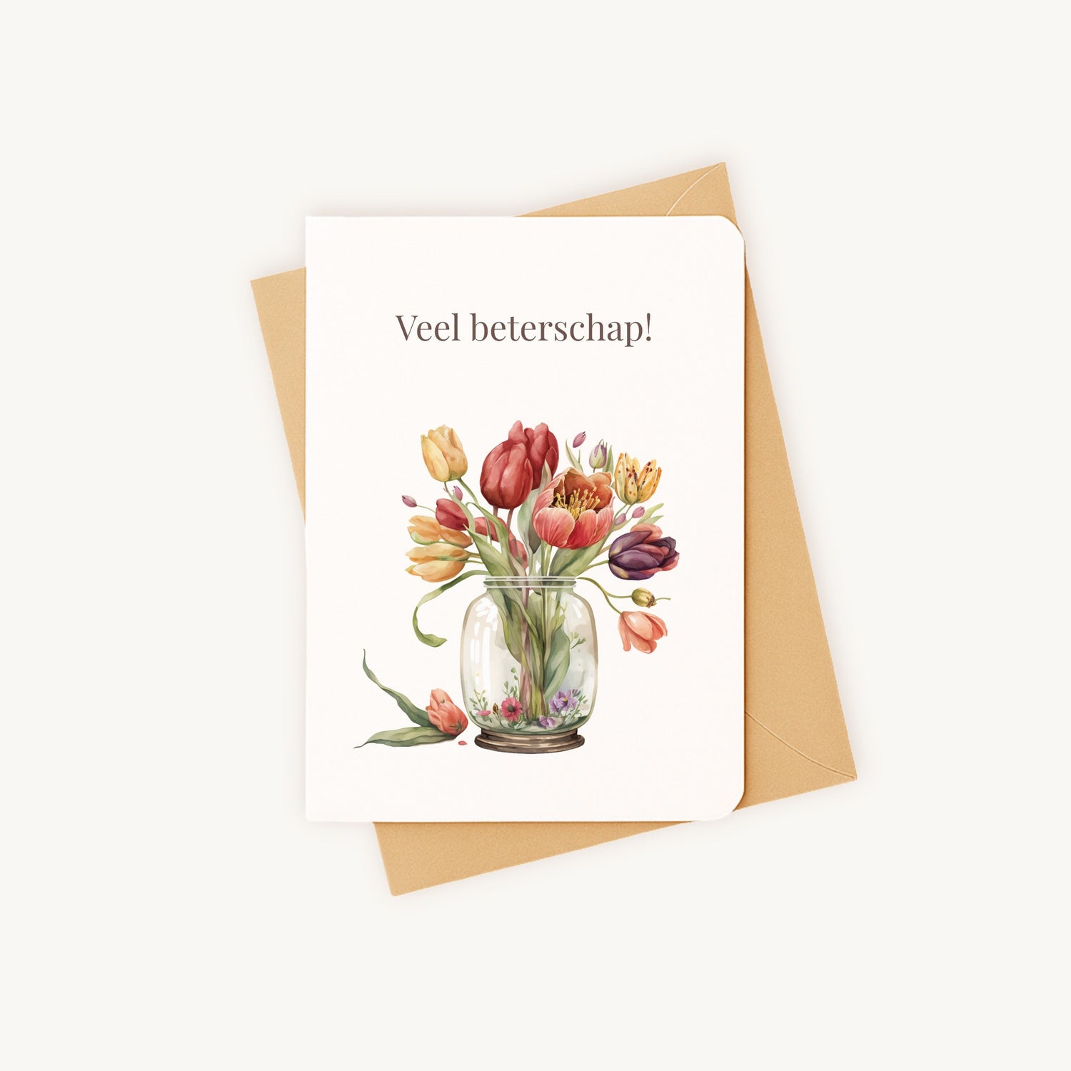 Beterschapskaart tulpen liggend met kraft envelop