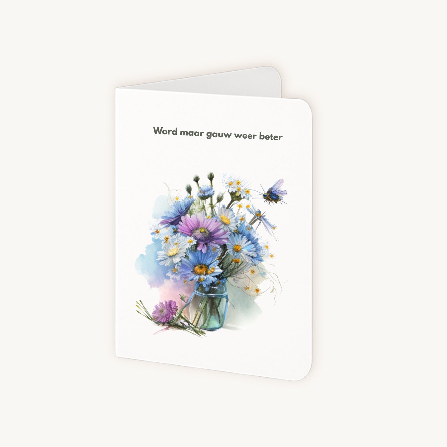 Half geopende beterschapskaart veldbloemen met binnenkant zichtbaar