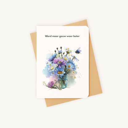 Beterschapskaart veldbloemen liggend met bijpassende kraft envelop